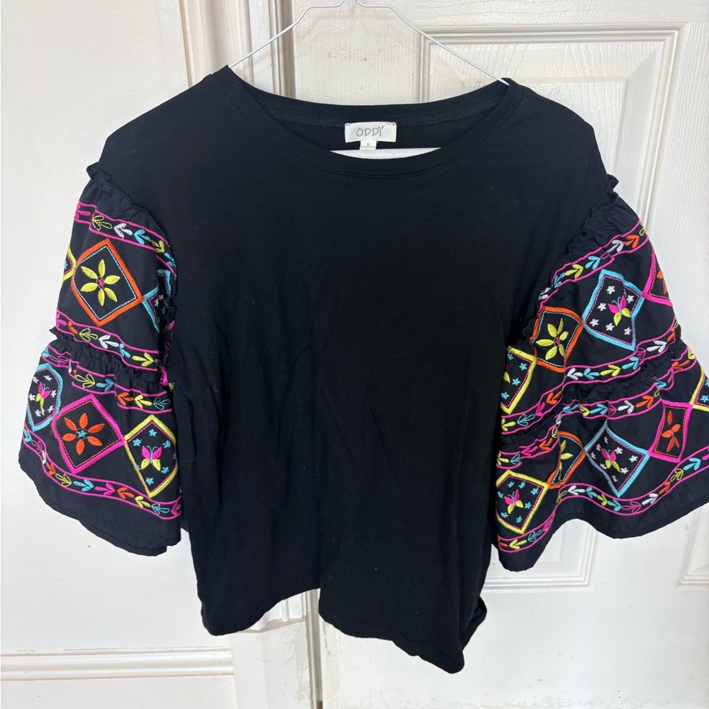 Black Top with Vibrant Embroidered Sleeves